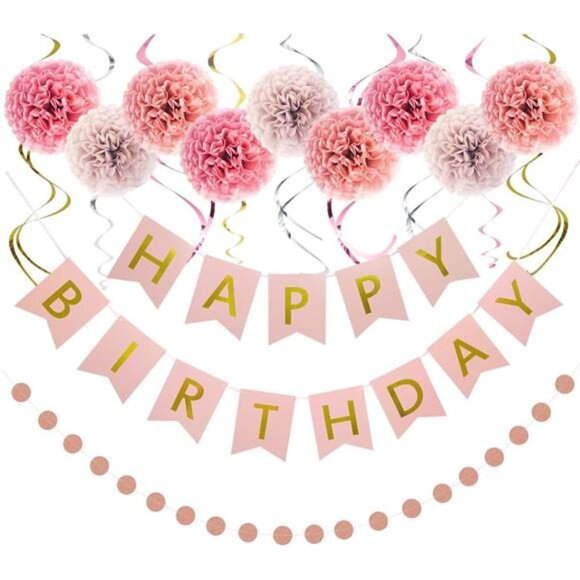 Rose Gold Birthday Decorations - Pack of 20 | Happy Birthday Banner,Tissue Paper - Picture 1 of 8